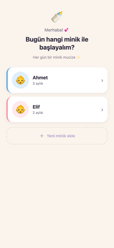 Minik Takvim bebek seçme ekranı — birden fazla bebek takibi