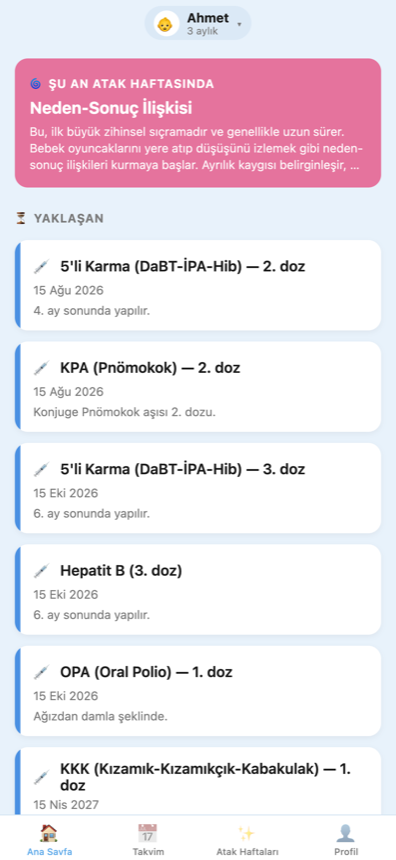 Minik Takvim ana sayfa — yaklaşan aşılar listesi ve atak haftası kartı